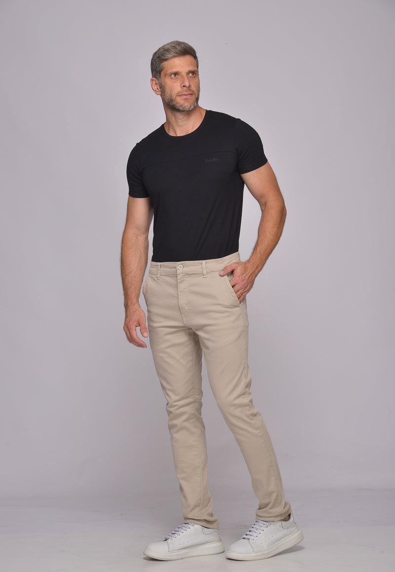 Calça Slim em Sarja Elastano Bege Claro