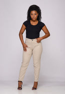 Calça Skinny Cintura Alta em Sarja Lycra Bege Claro