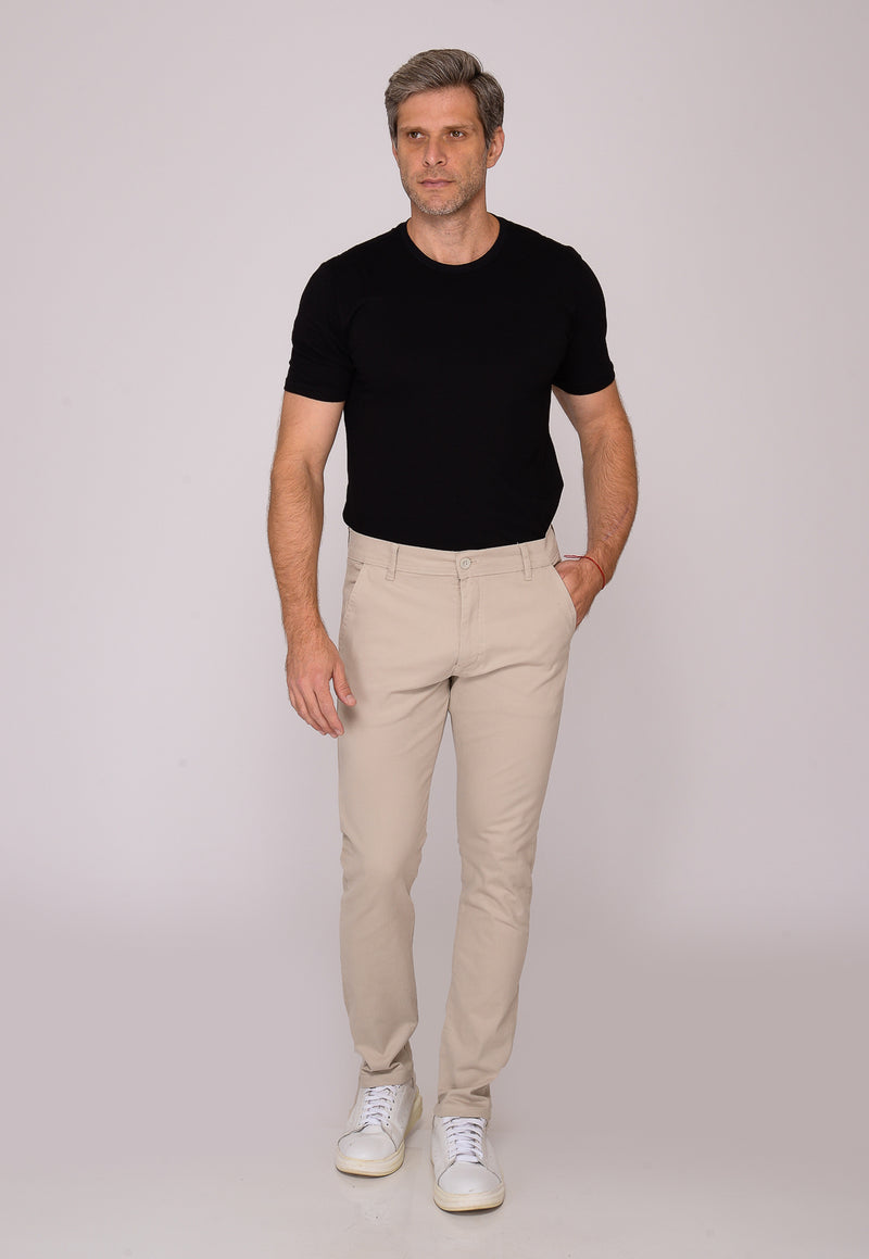 Calça Slim em Sarja Elastano Bege Claro
