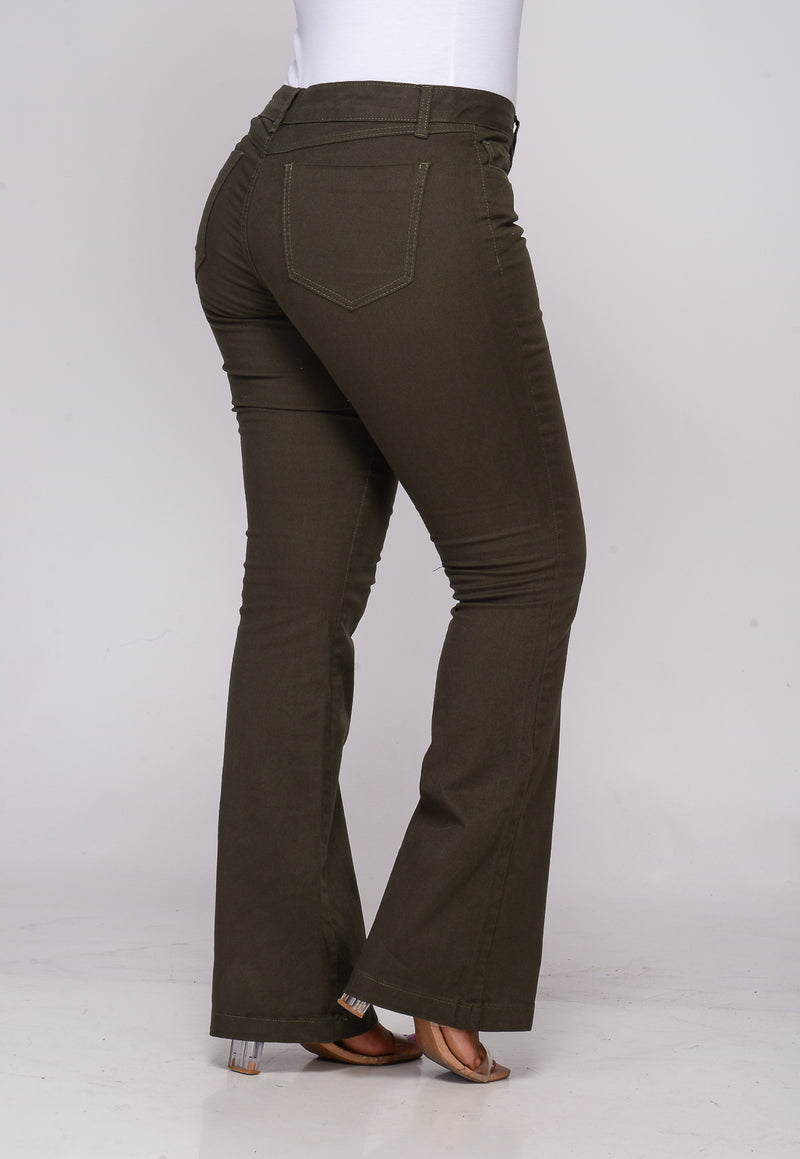 Calça Flare em Sarja Lycra Verde Musgo