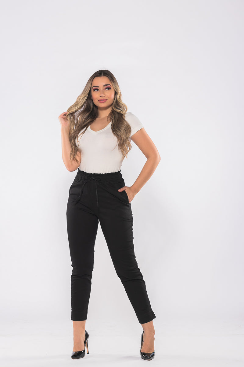Calça Sarja Lycra com Elástico no Cós Preta